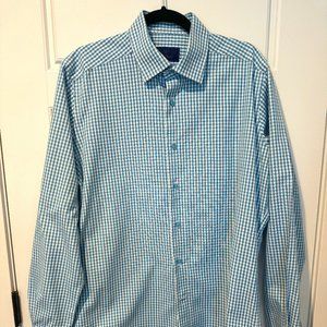 David Donahue Dress Shirt 16 1/2 36/37 Gingham Blue and White